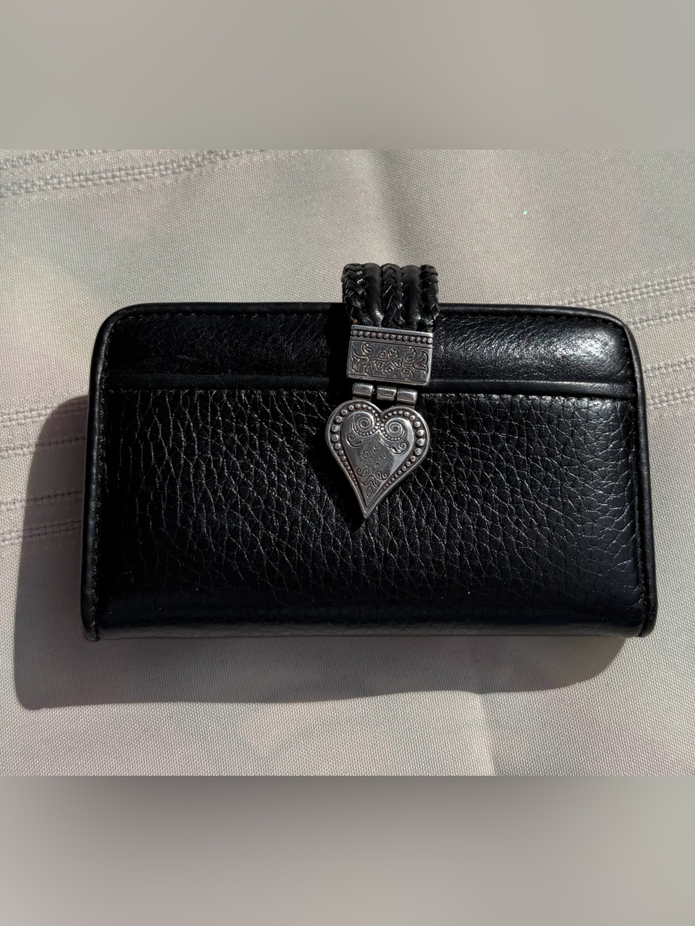 Brighton Black Leather Heart Wallet | Croc Embossed Trifold | Silver Hardware